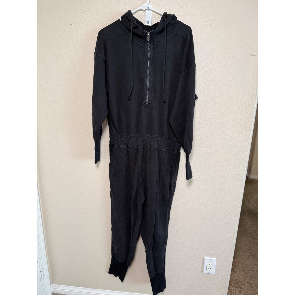 Free People Movement Black Hooded Quarter Zip Jumpsuit Fleece Thumbhole Cuffs S